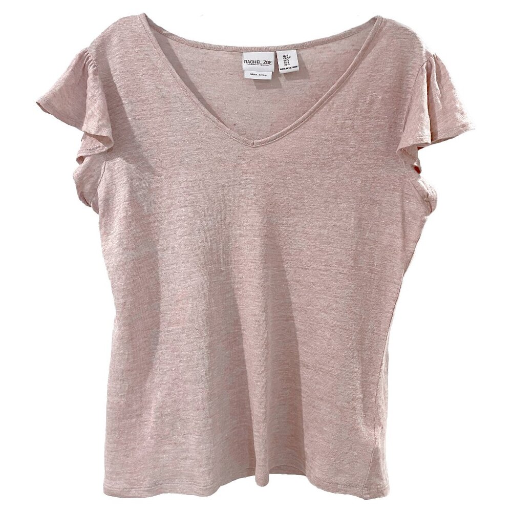 Rachel Zoe Linen Mauve Rose Quartz Pink V Neck Flutter Sleeve Top Size Small